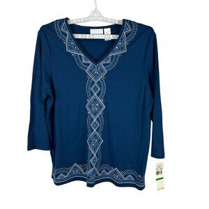 Alfred Dunner Womens Lapis Blue Embroidered V-Neck Top Size L